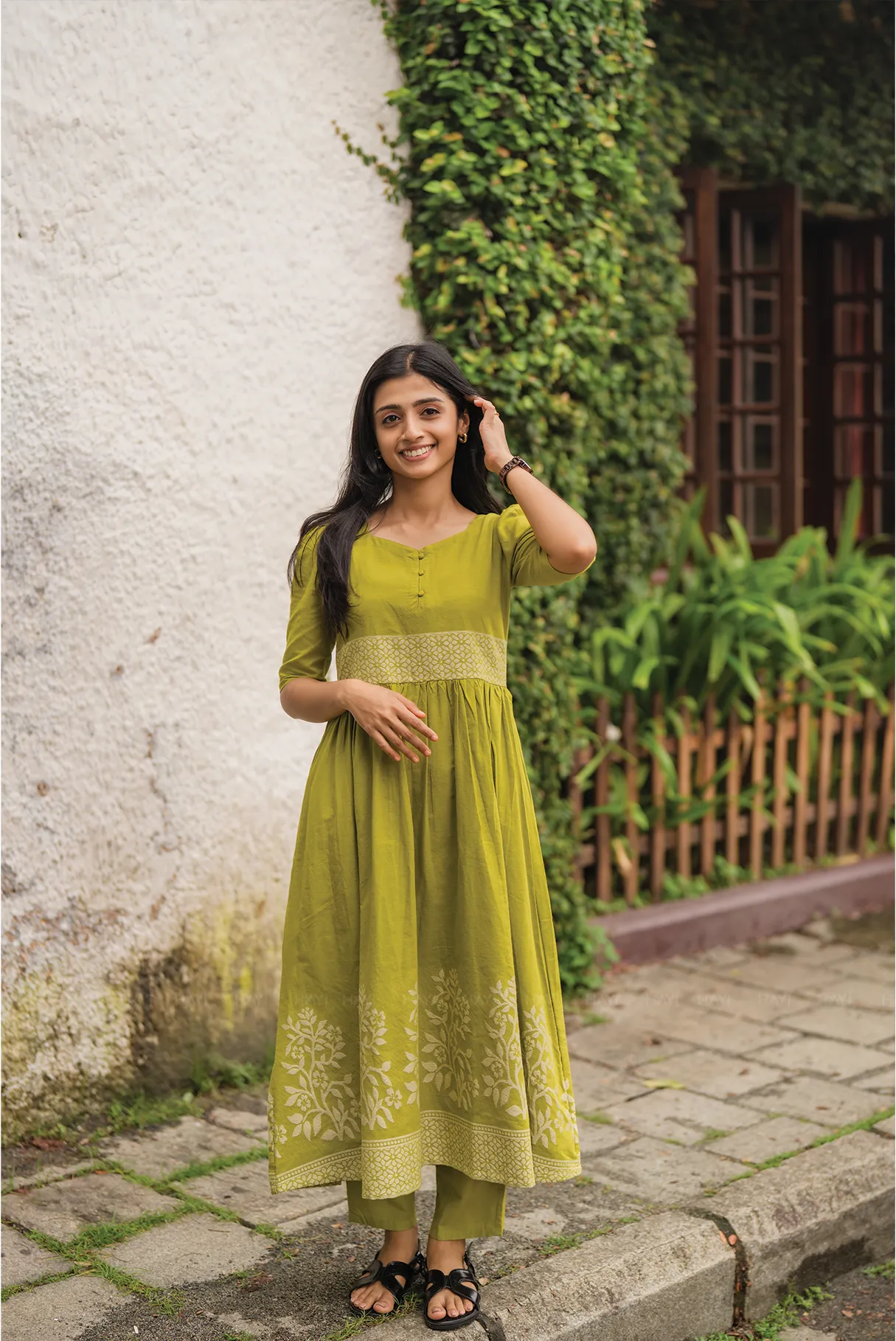 Sage Drape Green Handloom Dress with Sweetheart Neck & Leg-O-Mutton Sleeves Chic Spirit