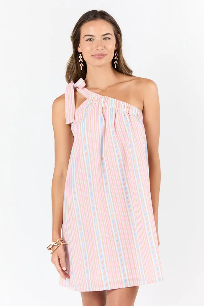 Delicate Tone Street Motion All Day Long Multi Striped One Shoulder Mini Dress SALE