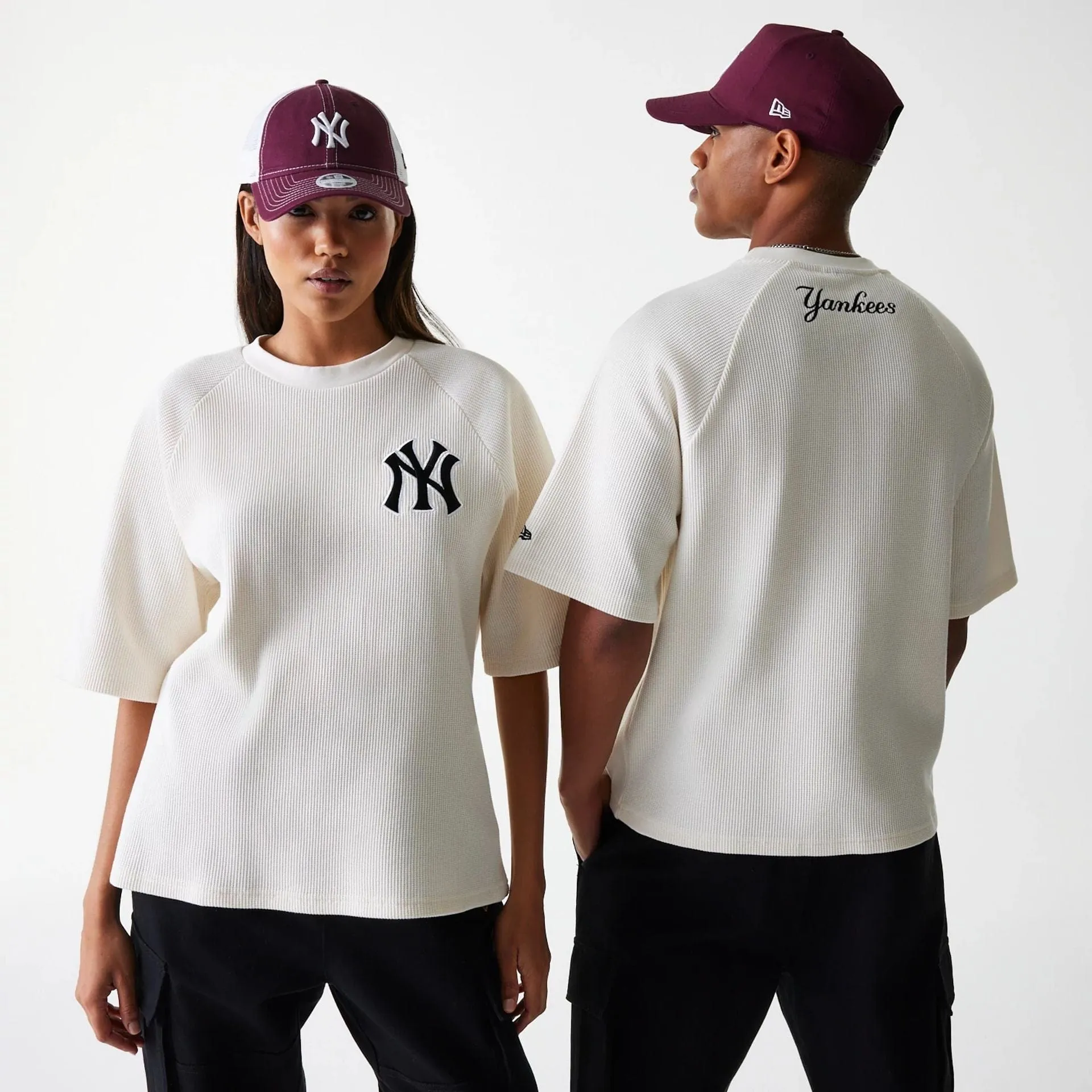 New York Yankees MLB Waffle Open White Oversized T-Shirt Comfy Fit Layer