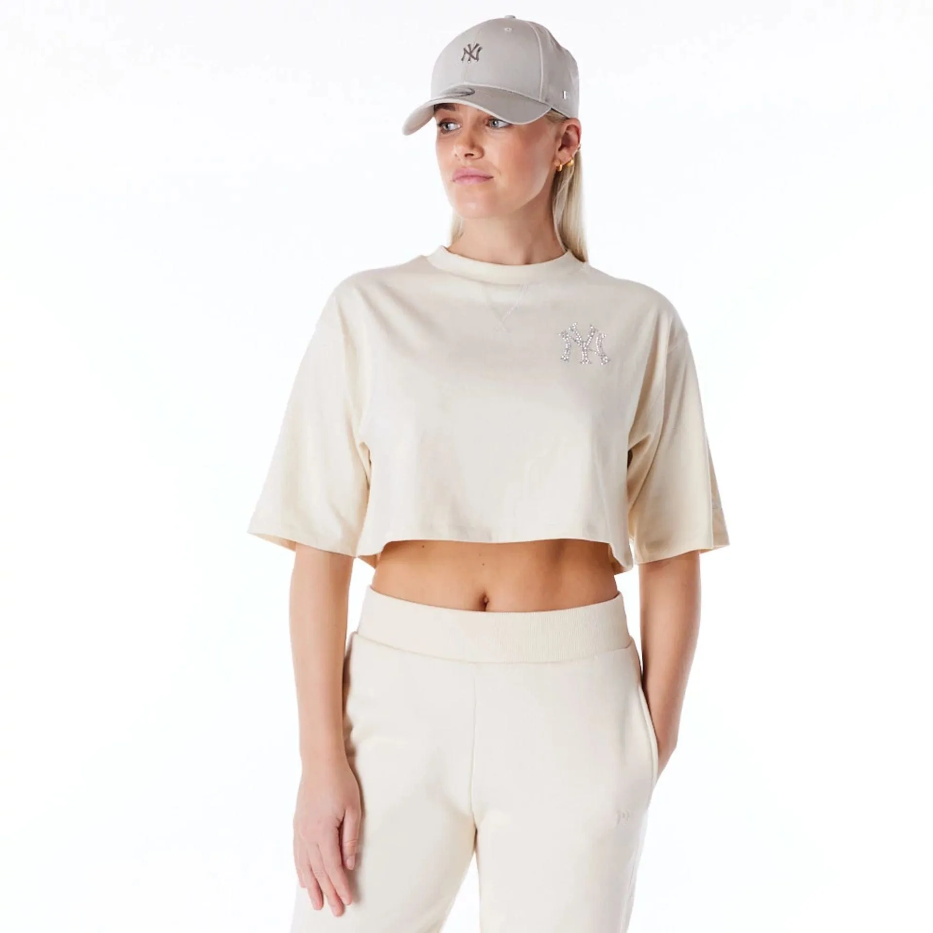 New York Yankees Womens MLB Diamante Stone Crop T-Shirt Chic Fashion Street Casual