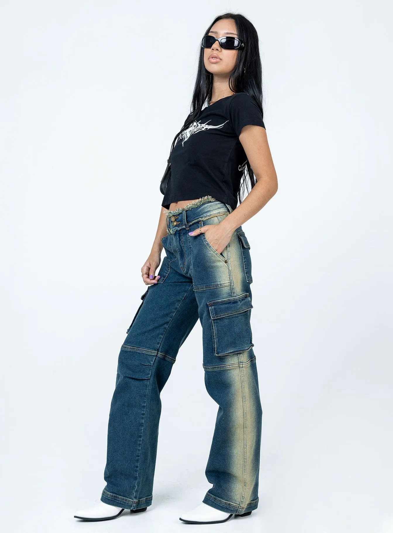 Gym Ready Vibrant Bold Relaxed Fit Pre Show Denim Jeans Mid Blue