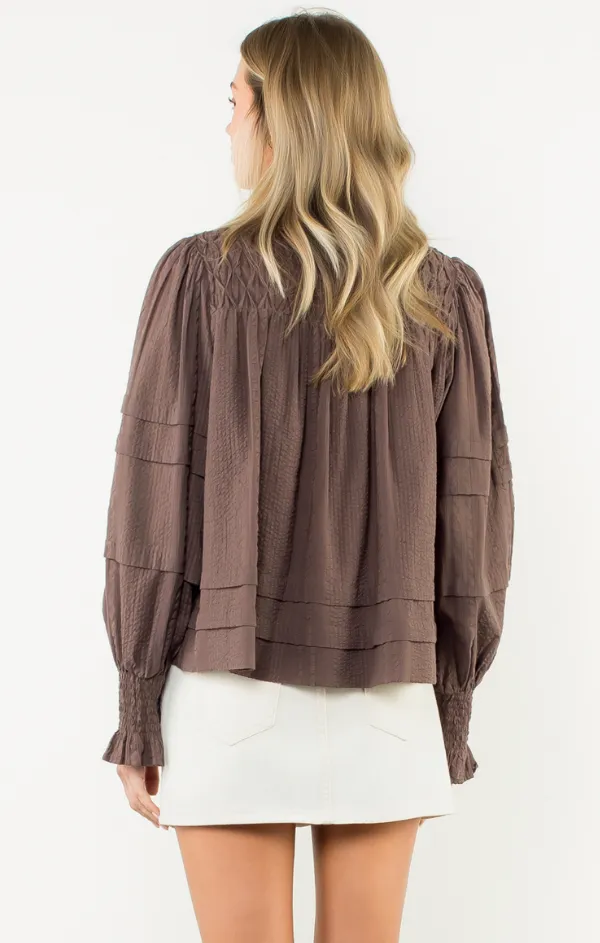 ReinforcedHem MicroPerforatedTexture Amalia Long Sleeve V Neck Top