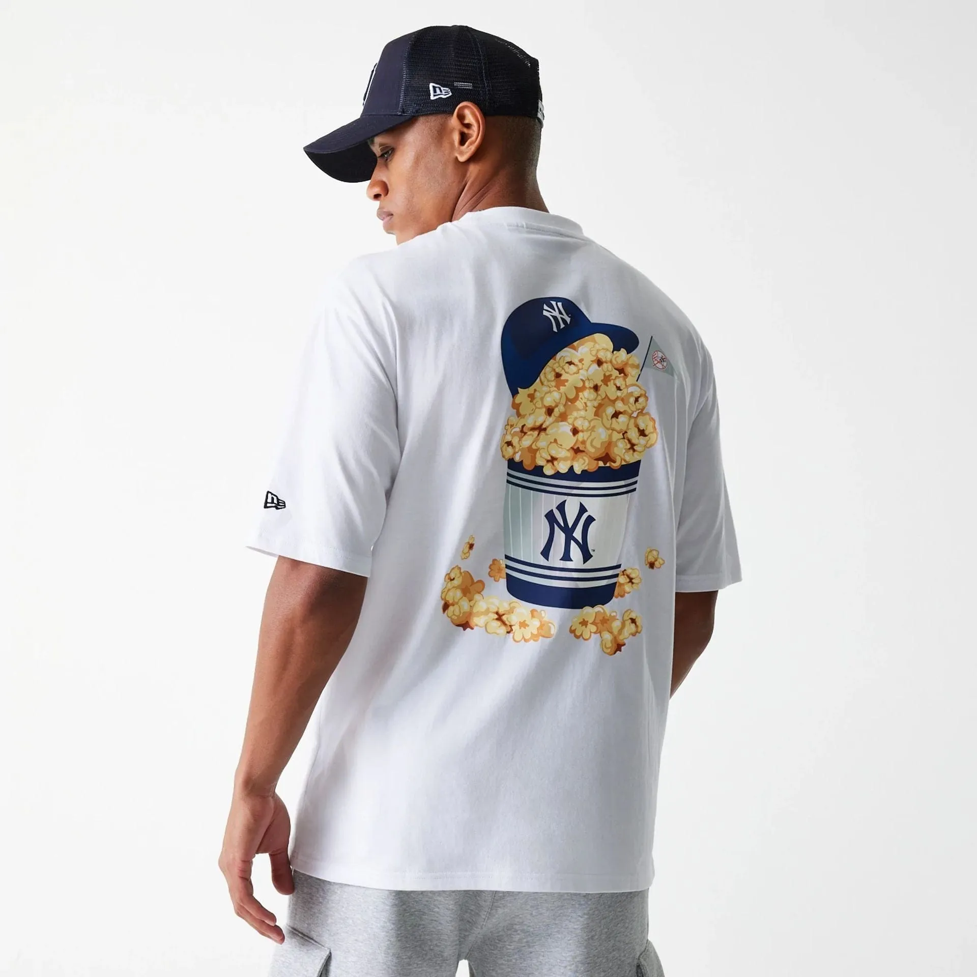 Glossy Look Stretch Jersey Knit New York Yankees MLB Food Graphic White Oversized T-Shirt