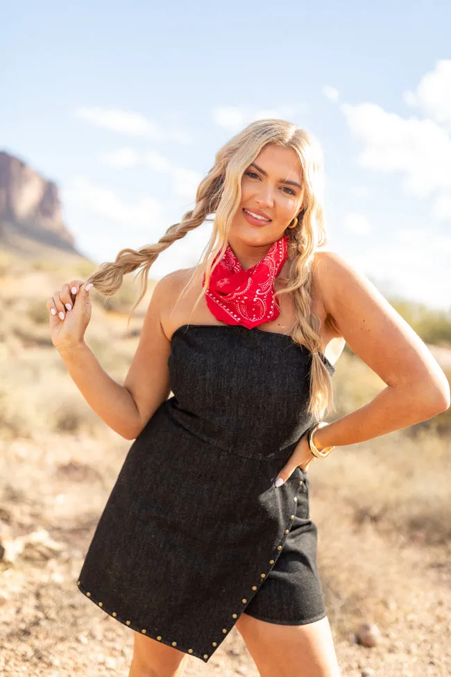 Pretty Heart Black Denim Strapless Romper SALE temperature regulation QuickReleaseFastenings