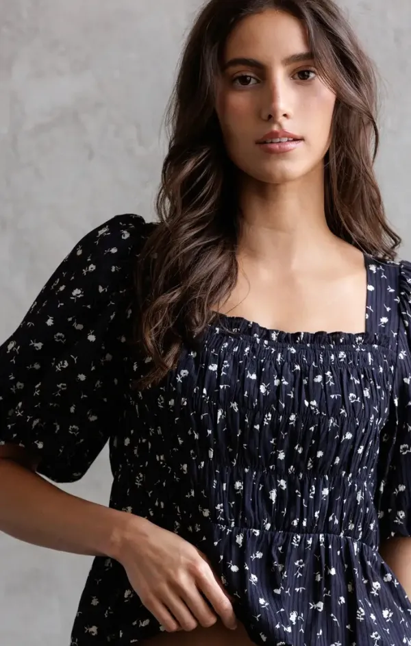 Melissa Pleated Puff Sleeve Top Adjustable Straps