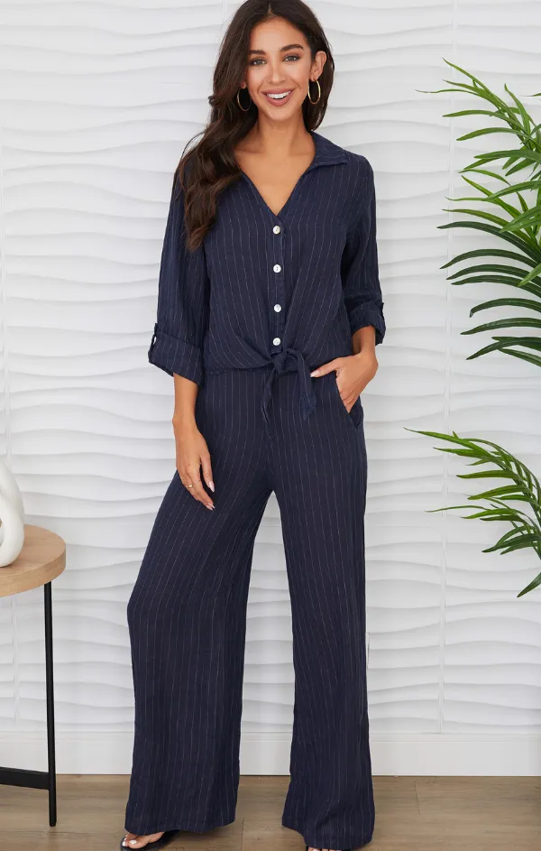 Pinstripe Linen Tie Front Blouse in Navy Insulated Outerwear FadeResistantColors
