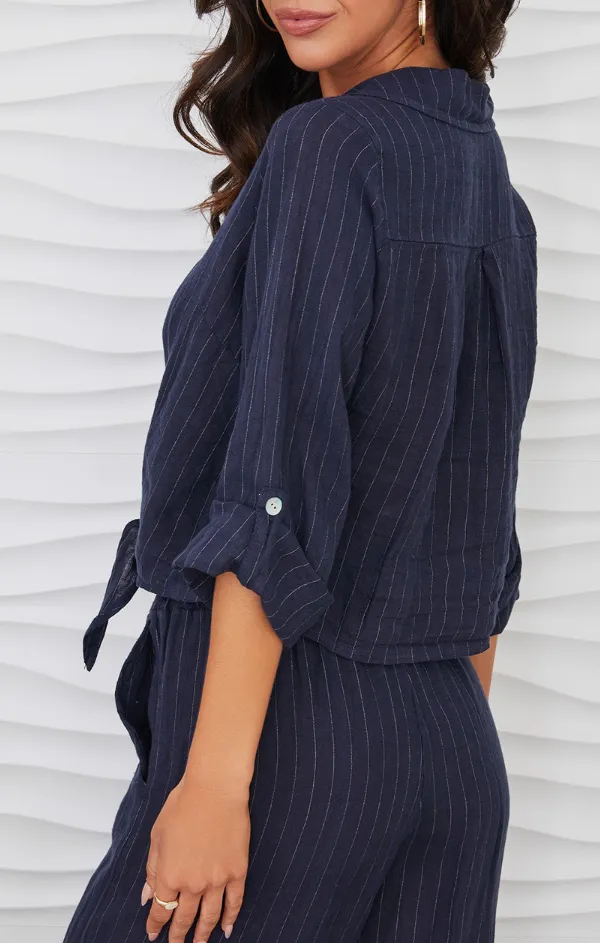 Cozy Pajamas Urban Pulse Pinstripe Linen Tie Front Blouse in Navy