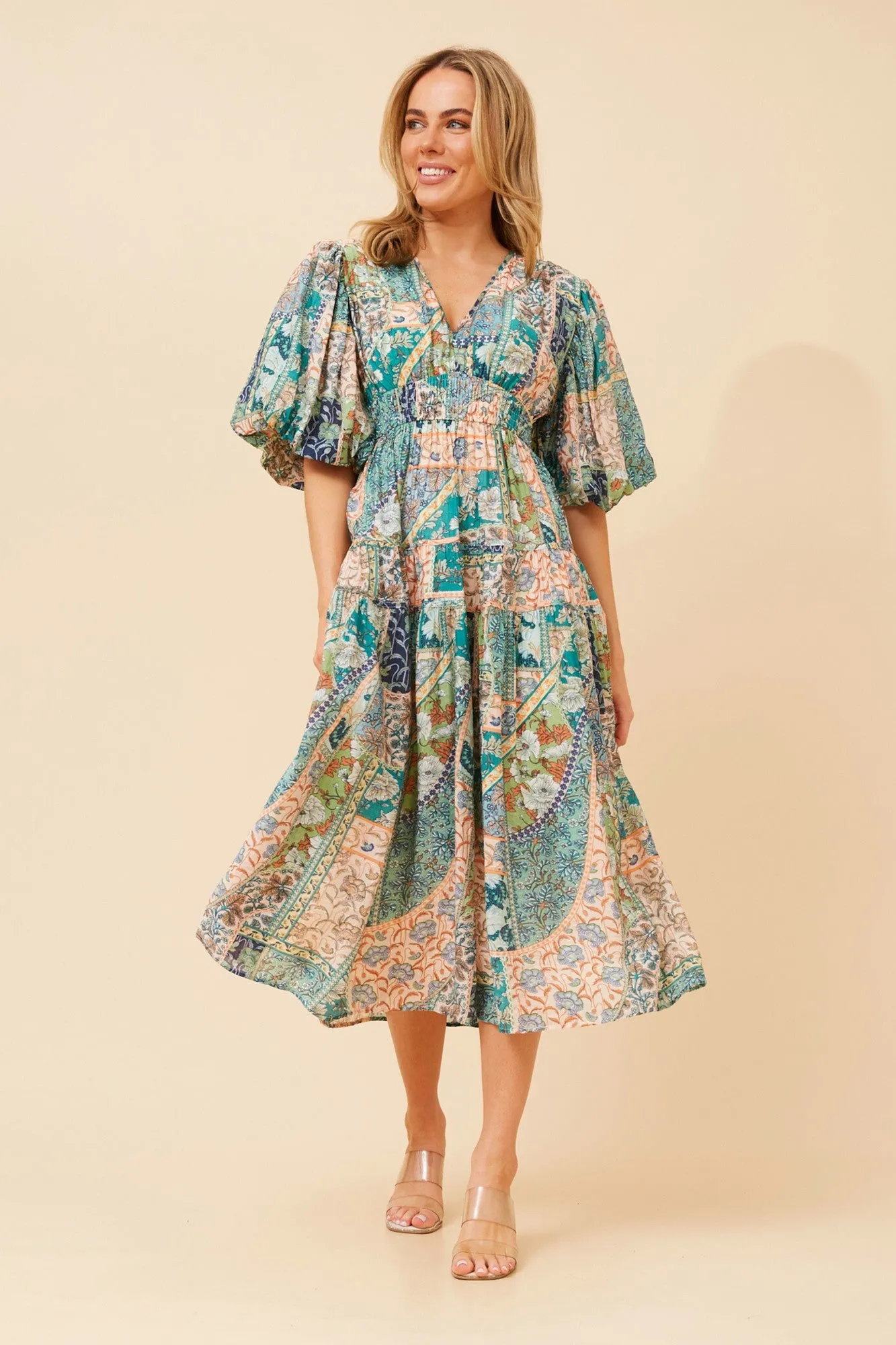 ANUSHKA PATCHWORK PRINT DRESS Petite friendly Urban Ready