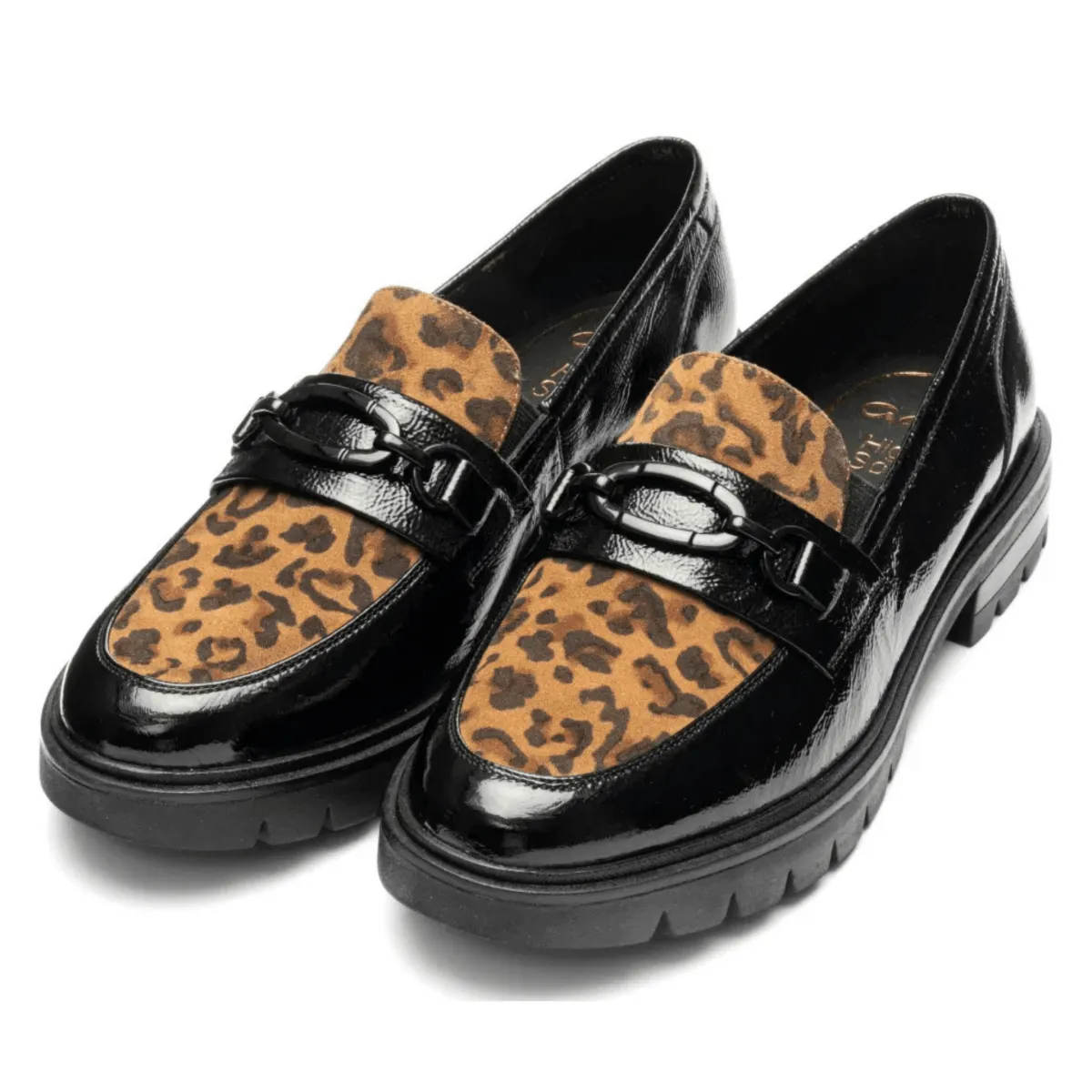 Shock Absorbing Heel Arch Support Design Ara Women's Camellia Black Patent/Leopard