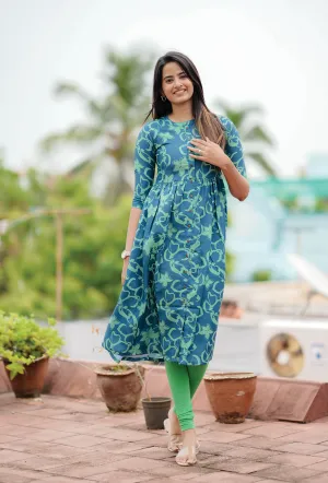 Gentle Texture Draped-Style Arty Bloom Teal with Floral printed Maternity and Feeding dress