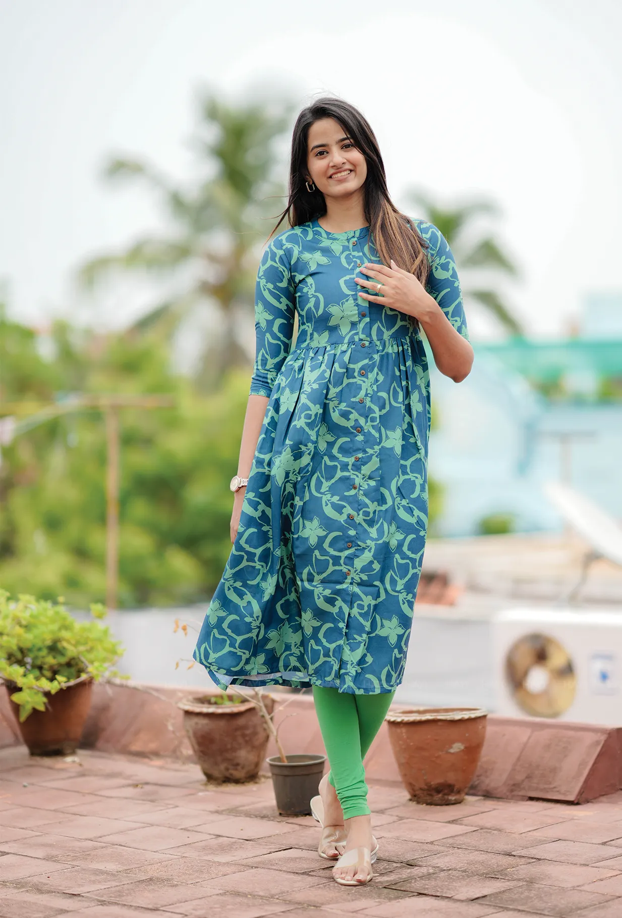 Daily Mood Arty Bloom Teal with Floral printed Maternity and Feeding dress