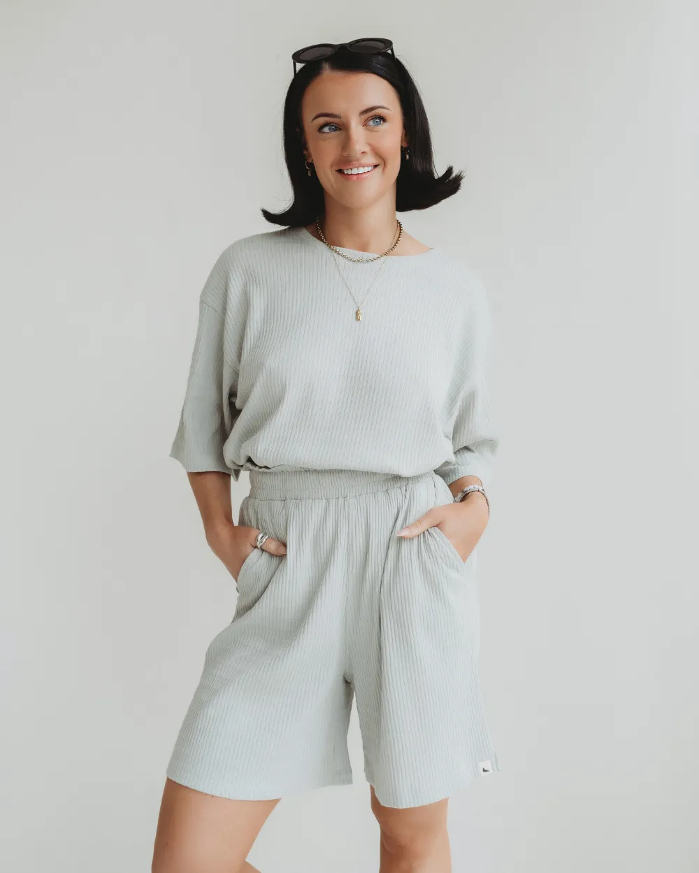 Patchwork Design Ergonomic Curved Seams Audrey Light Green Rib Shorts