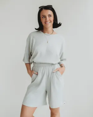 Patchwork Design Ergonomic Curved Seams Audrey Light Green Rib Shorts