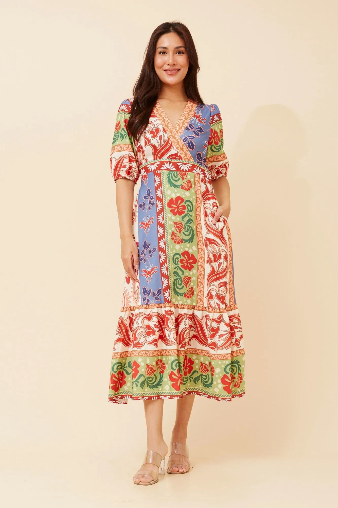 Bare Arm Texture Blend BAMBINA BORDER PRINT MIDI DRESS