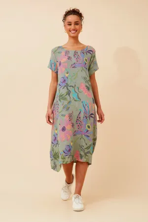 BATISTA FLORAL LINEN MIDI DRESS Convertible-Style Fitted Shape
