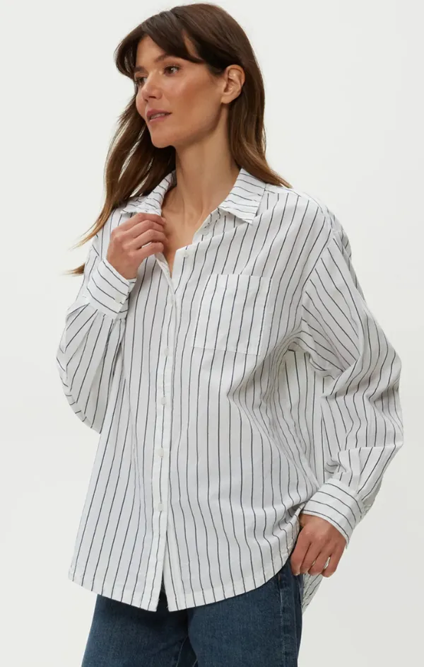 Beau Oversized Button Down in Navy Stripe Convertible Style