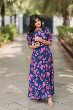 Berry Noir Blue Viscose Dress with Puff Sleeves & Belt Climate-Adaptive Air Layer