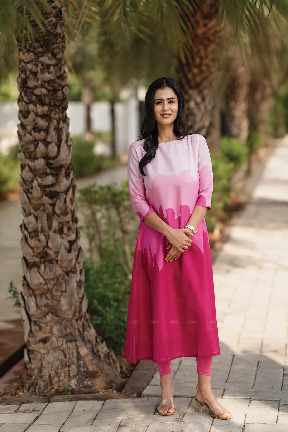 Blush Cascade Pink Linen Blend Dress with Boat neck & Digital Placement Print Easy Go Fine Details