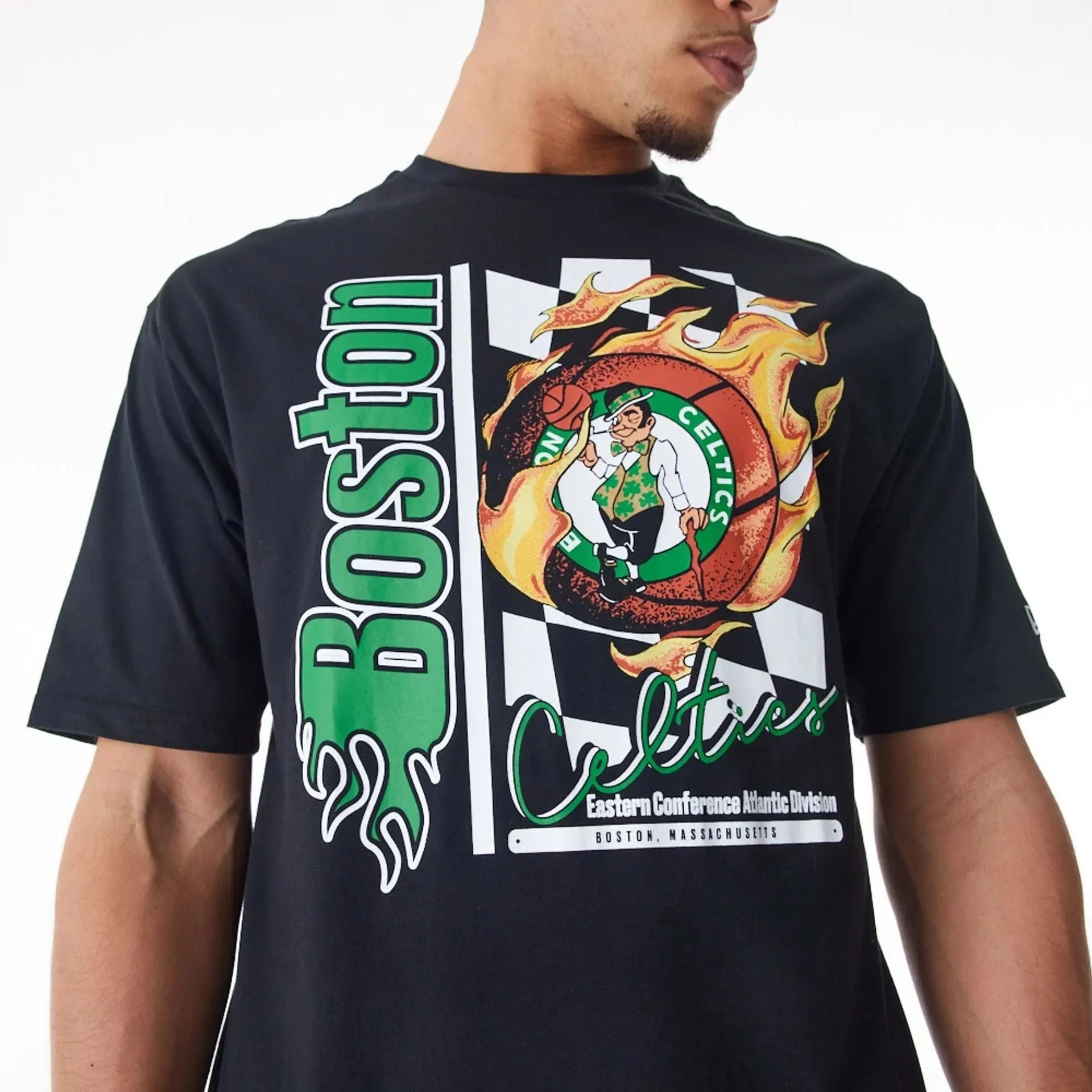 Boston Celtics NBA Flame Print Black Oversized T-Shirt Fuzz Free Surface
