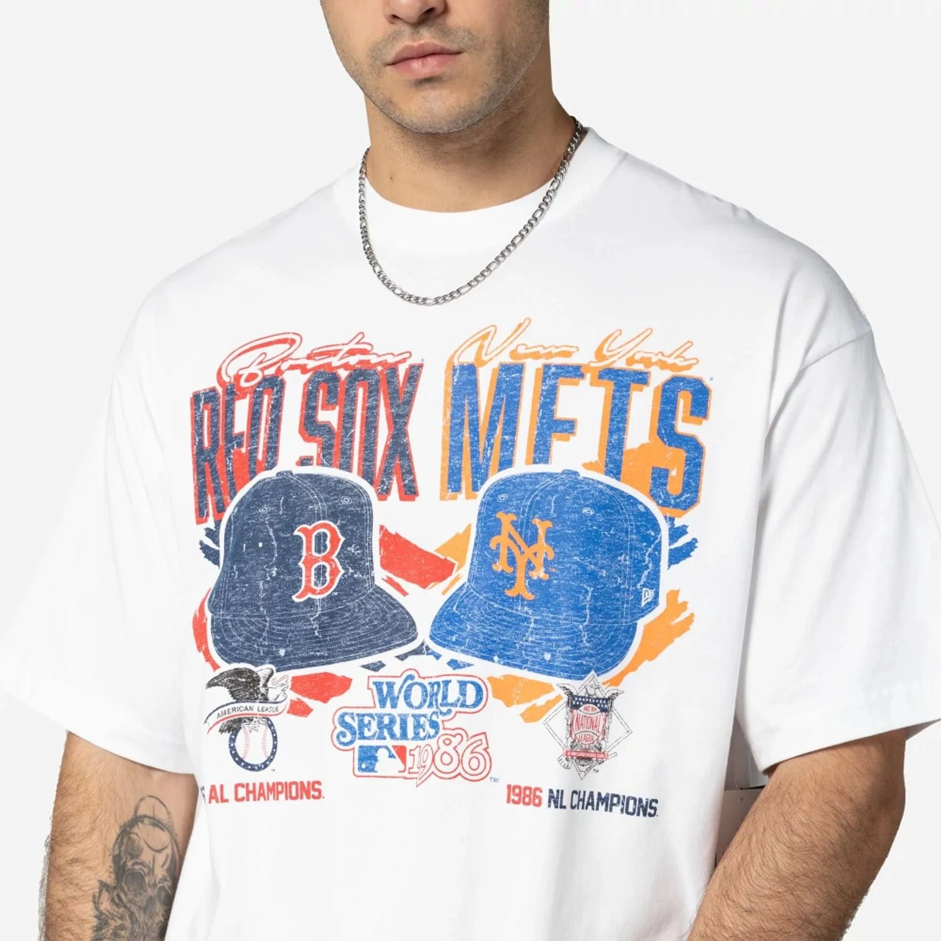 No-Fuss Design Effortless Vibe Boston Red Sox VS New York Mets MLB Dueling Logos Sport Classic White T-Shirt