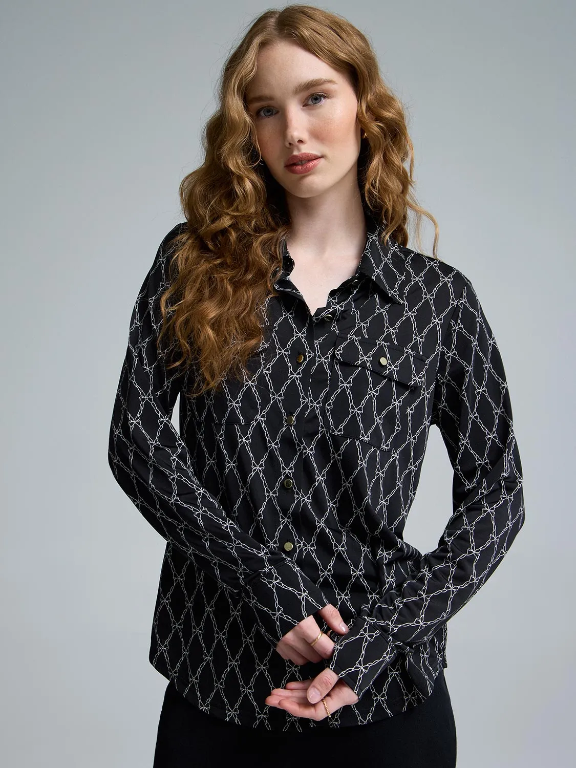 Nature Glow Lounge Gear Bow Print Utility Blouse