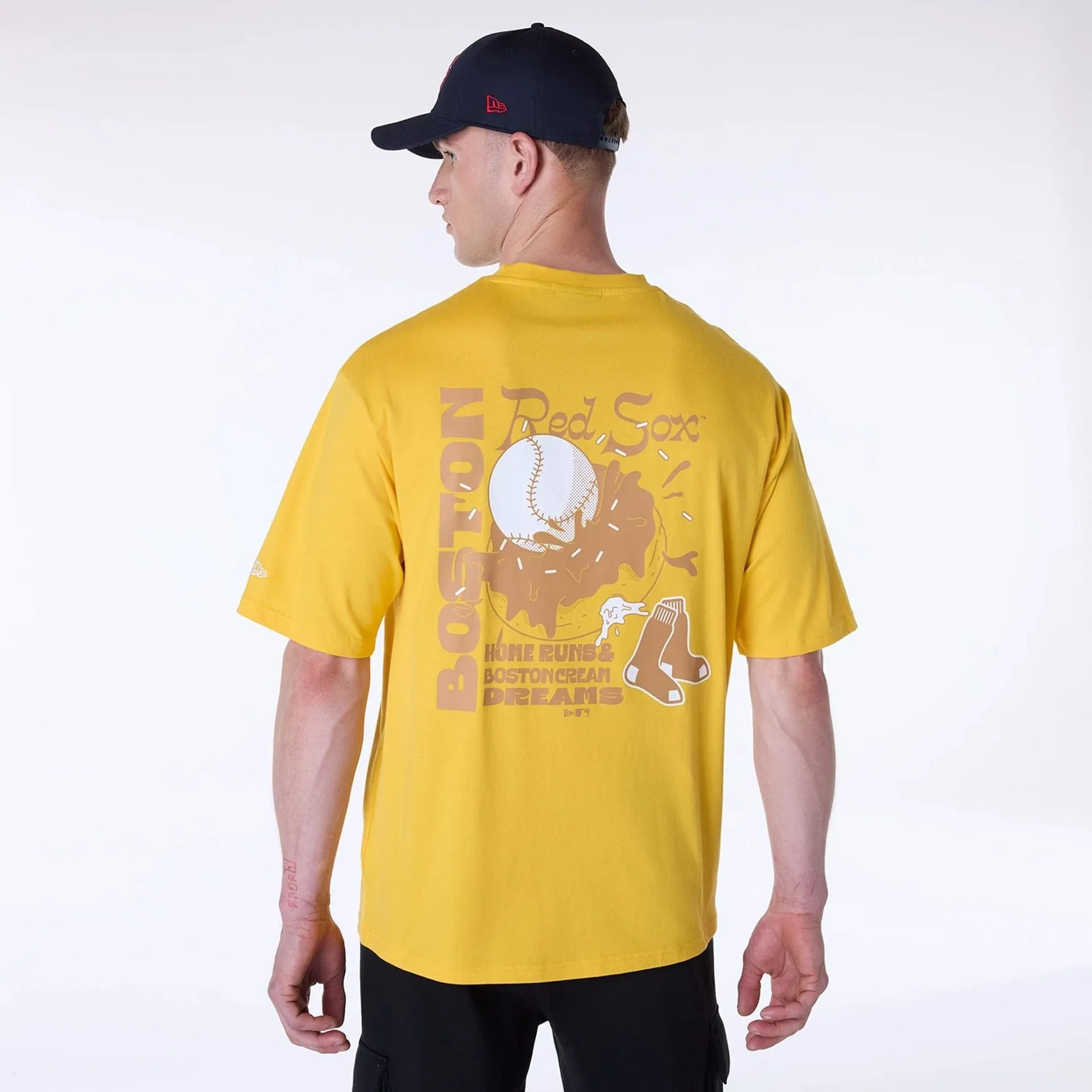 Boston Red Sox MLB Food Graphic Yellow Oversized T-Shirt Edgy Sporty and Stylish