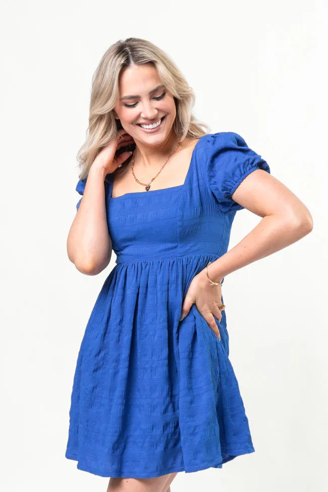 Breezing By Cobalt Textured Square Neck Mini Dress SALE Dreamy Simplicity