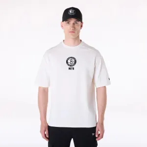 Brooklyn Nets NBA Wordmark Open White Oversized T-Shirt Scoop neck femininity