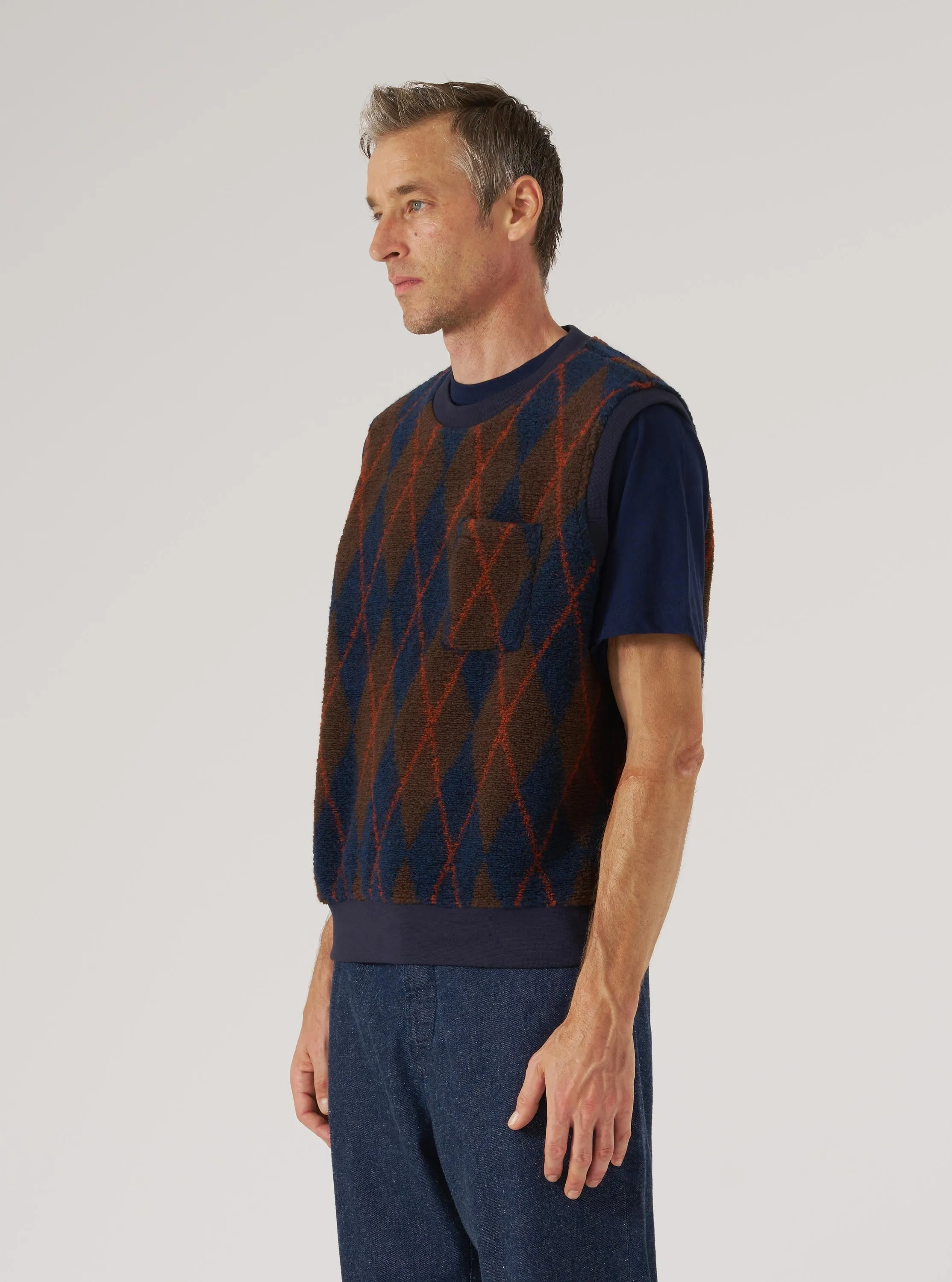 Snow Park Daily Stroll Brown/Navy Argyll Fleece Sleeveless Crew