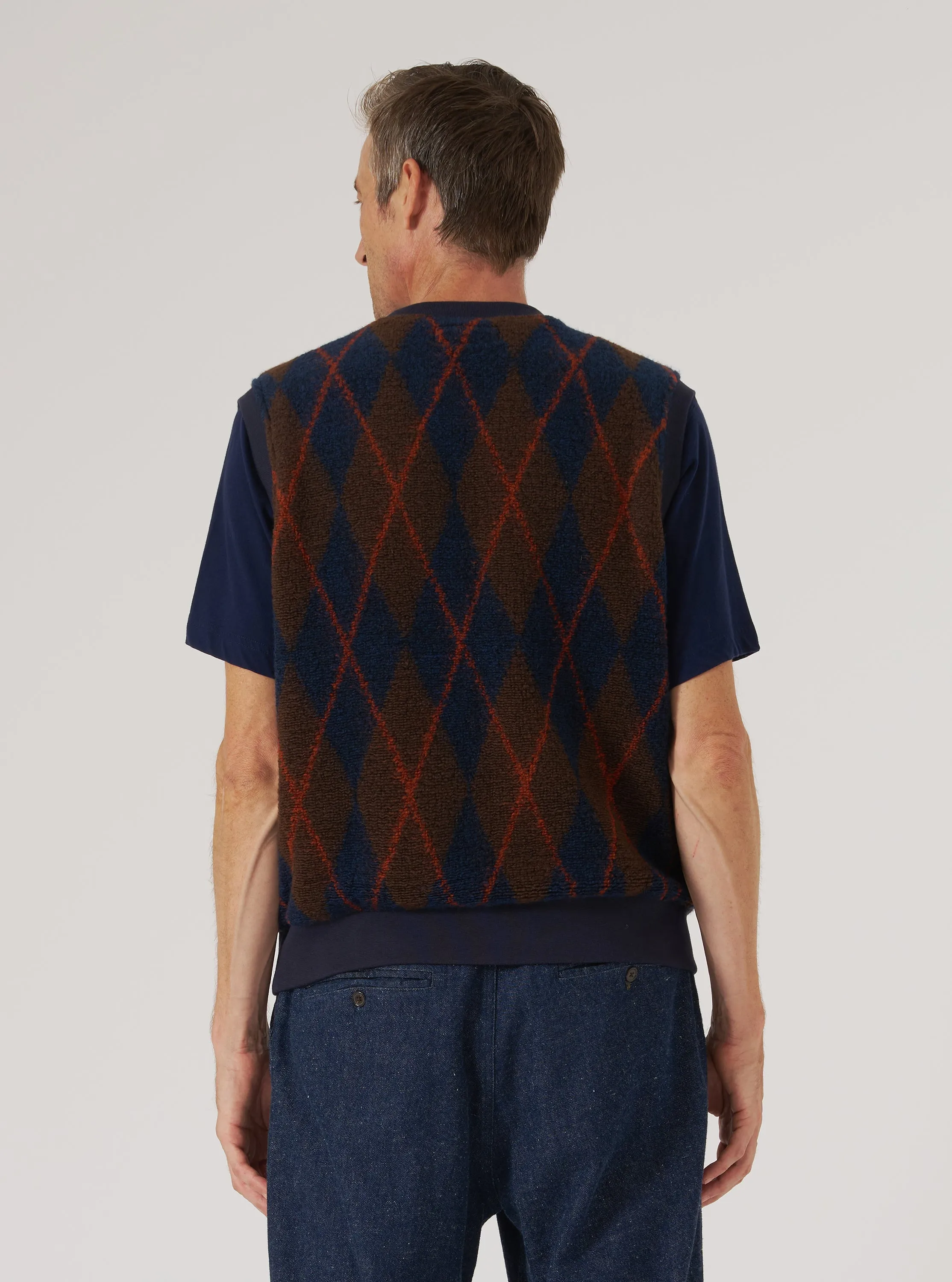 Low Pilling Surface Daily Style Brown/Navy Argyll Fleece Sleeveless Crew