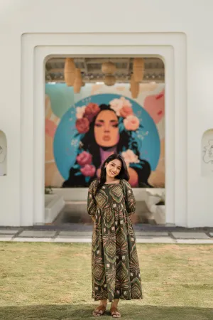 Burnished Green with Forest Desire floral printed Linen Blend Dress Casual event dress