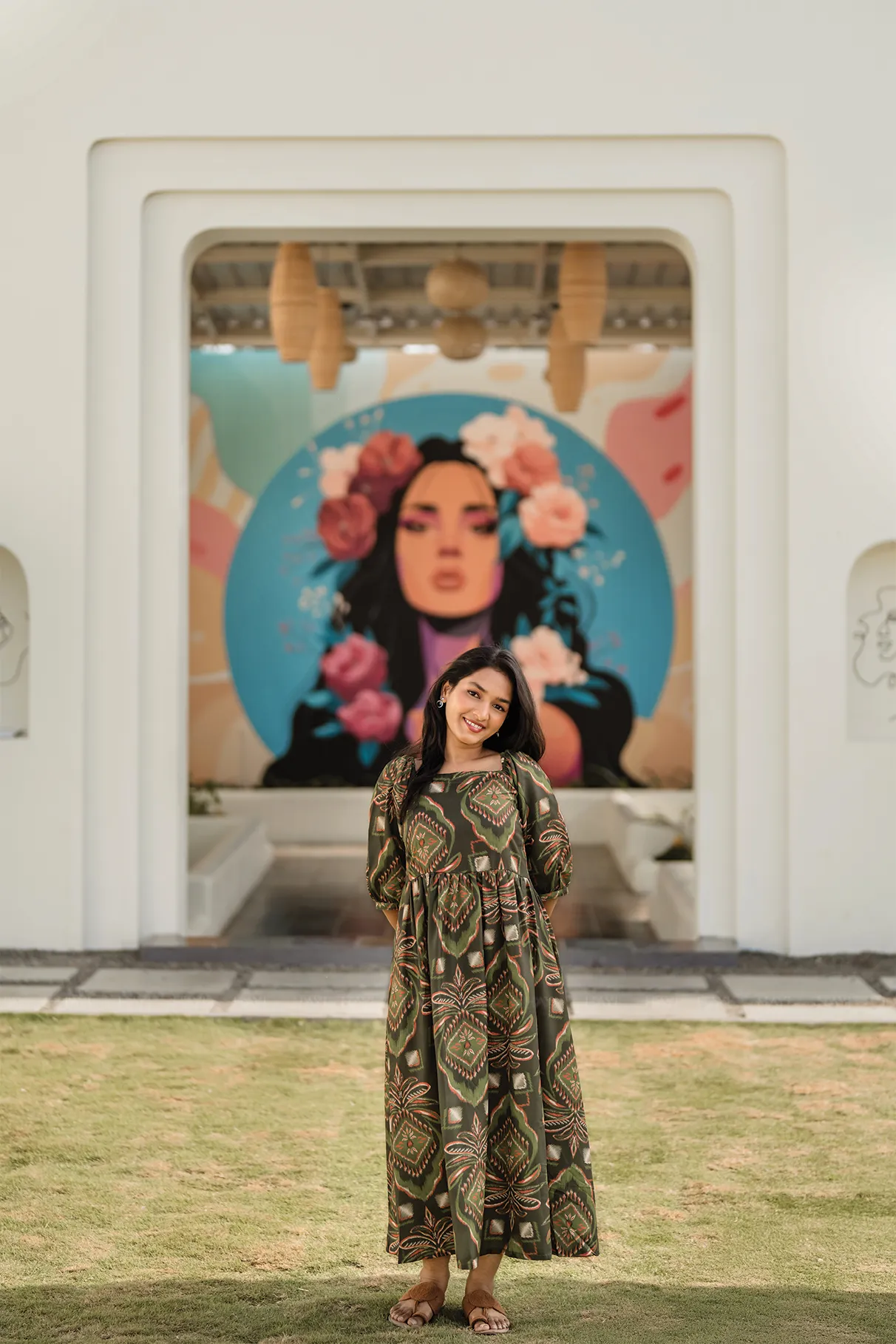 Burnished Green with Forest Desire floral printed Linen Blend Dress Casual event dress