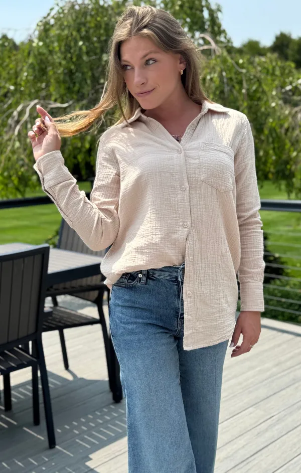 Button Front Long Sleeve Top HighElasticity Fiber Strong Glow