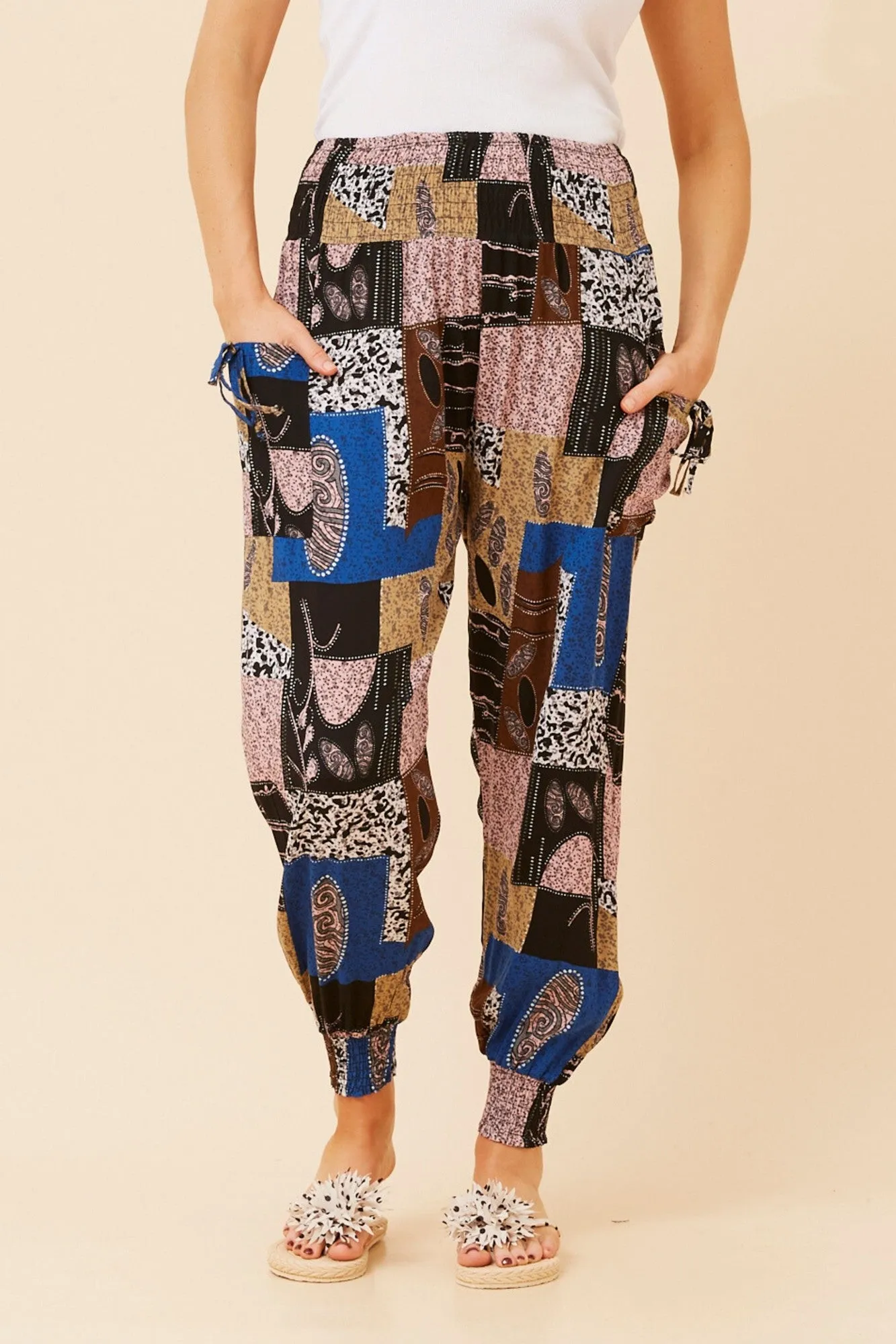 PATCHWORK PRINT HAREM PANTS Windproof Design