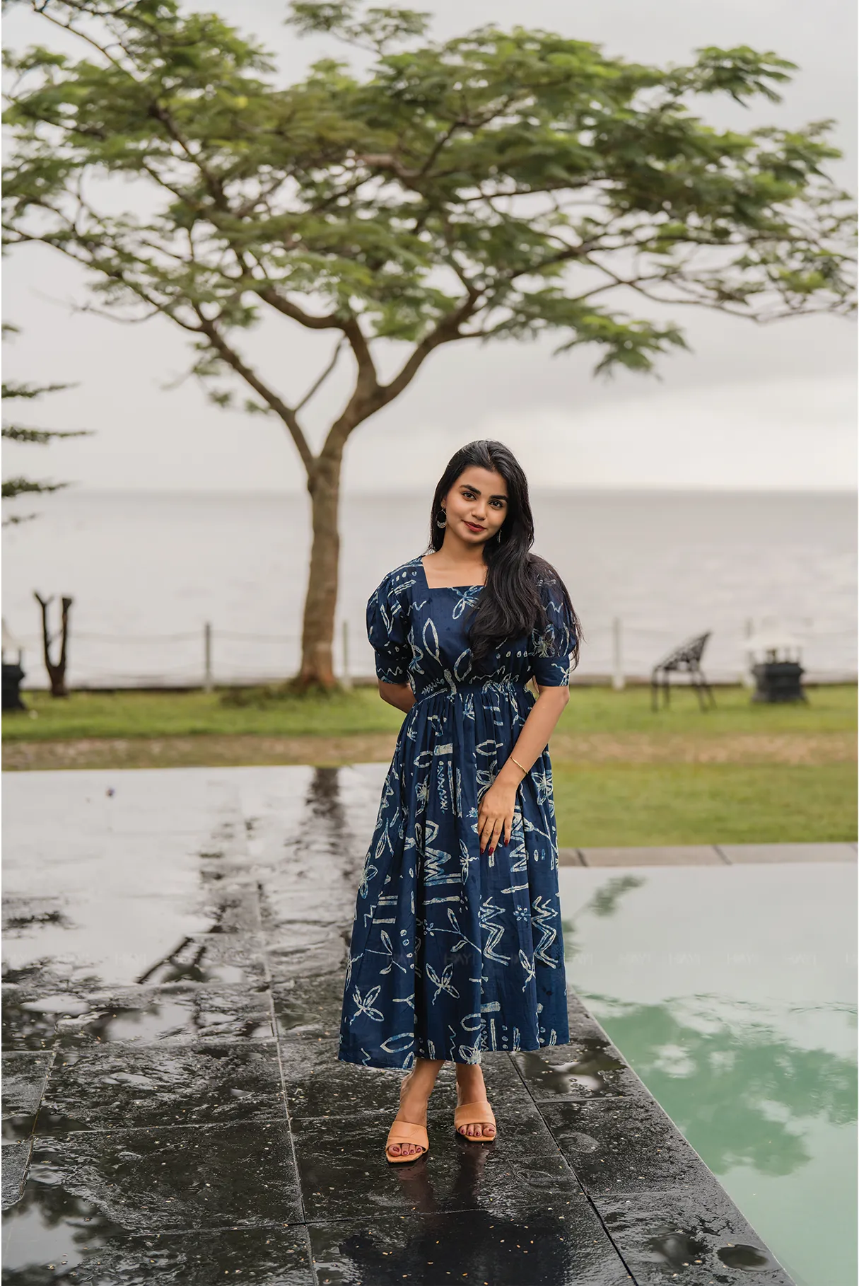 Celestial Dream Blue Cotton Dress with Rounded Square Neck Sleek Waist