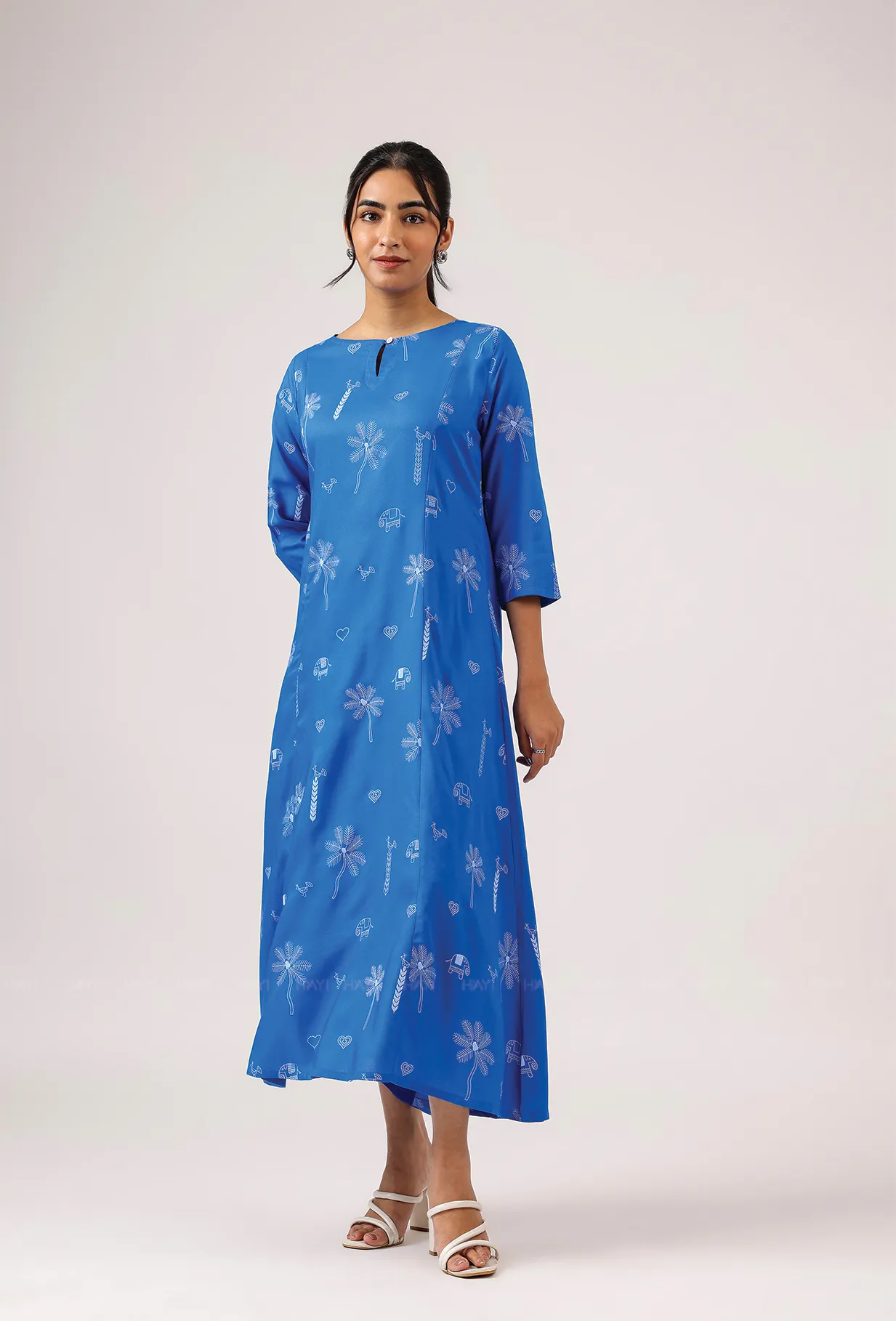 Cerulean Blue with Deep Ocean Viscose printed A-line Dress Daily Essential Dreamy Look