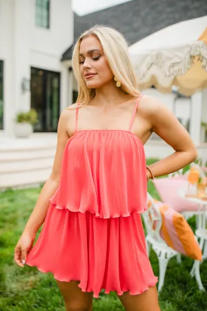 Virtual Fit Art Glow In the Afterglow Hot Coral Pleated Romper FINAL SALE