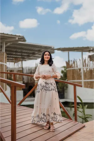 Lush Layers Beige Viscose Dress with Tropical Palm Print Romance Soul