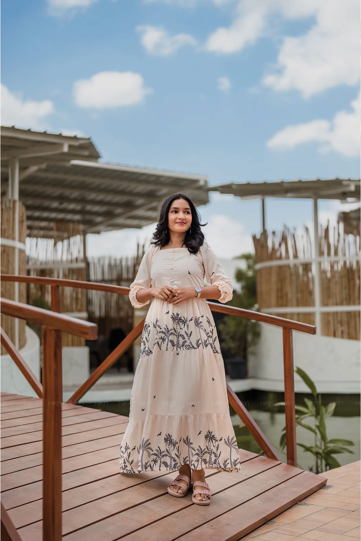 Lush Layers Beige Viscose Dress with Tropical Palm Print Statement-Piece