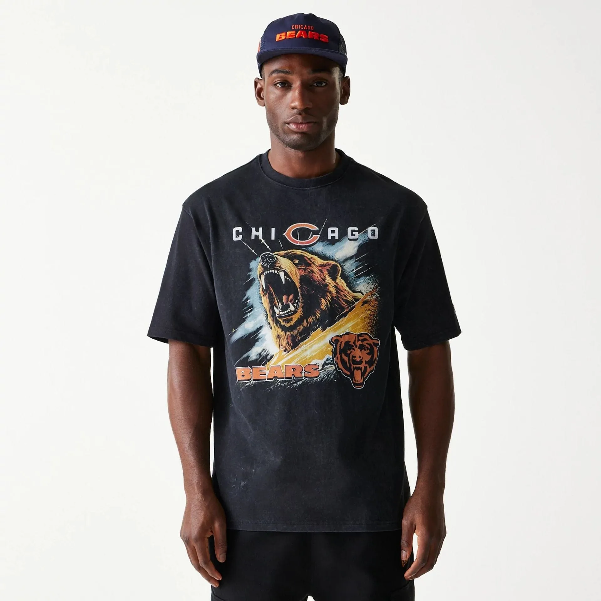 Geometric Print FadeResistantPrint Chicago Bears NFL Games Premium Apparel Black Oversized T-Shirt