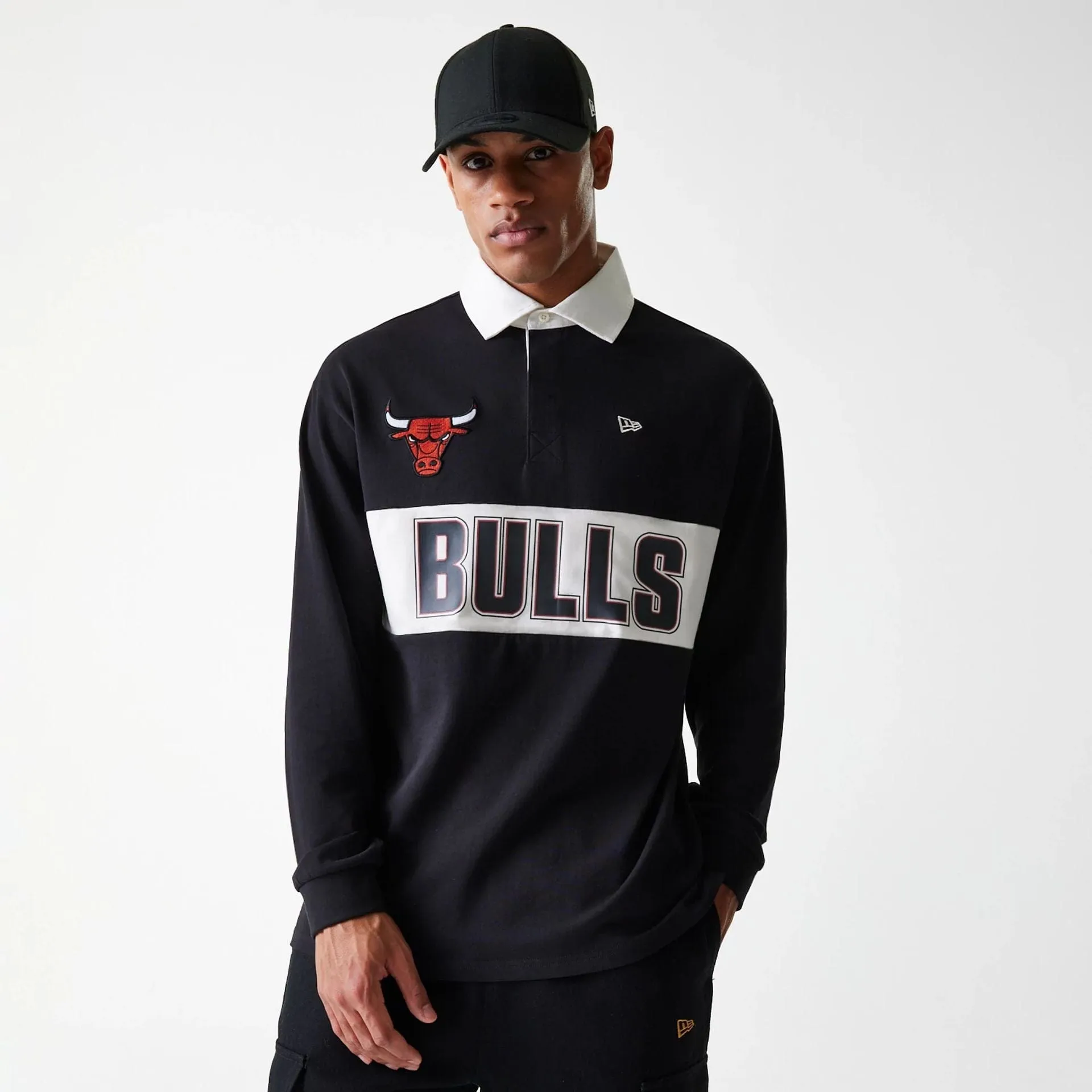 Bright and Bold Chicago Bulls NBA Rugby Black Long Sleeve Polo