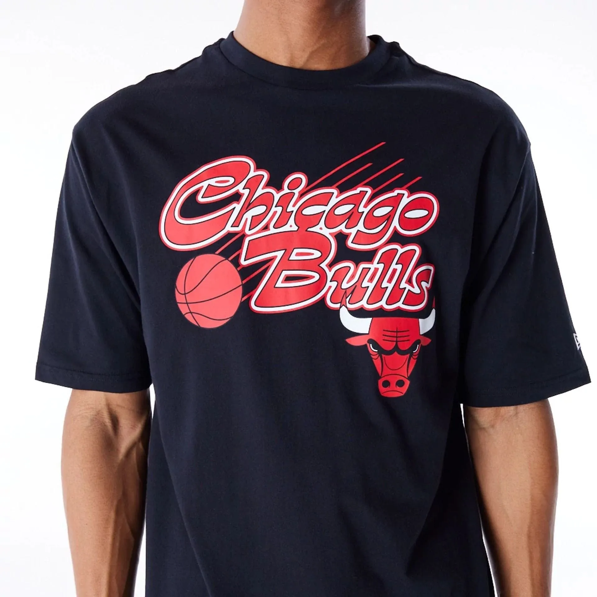 Microfiber texture Chicago Bulls NBA Script Graphic Black Oversized T-Shirt