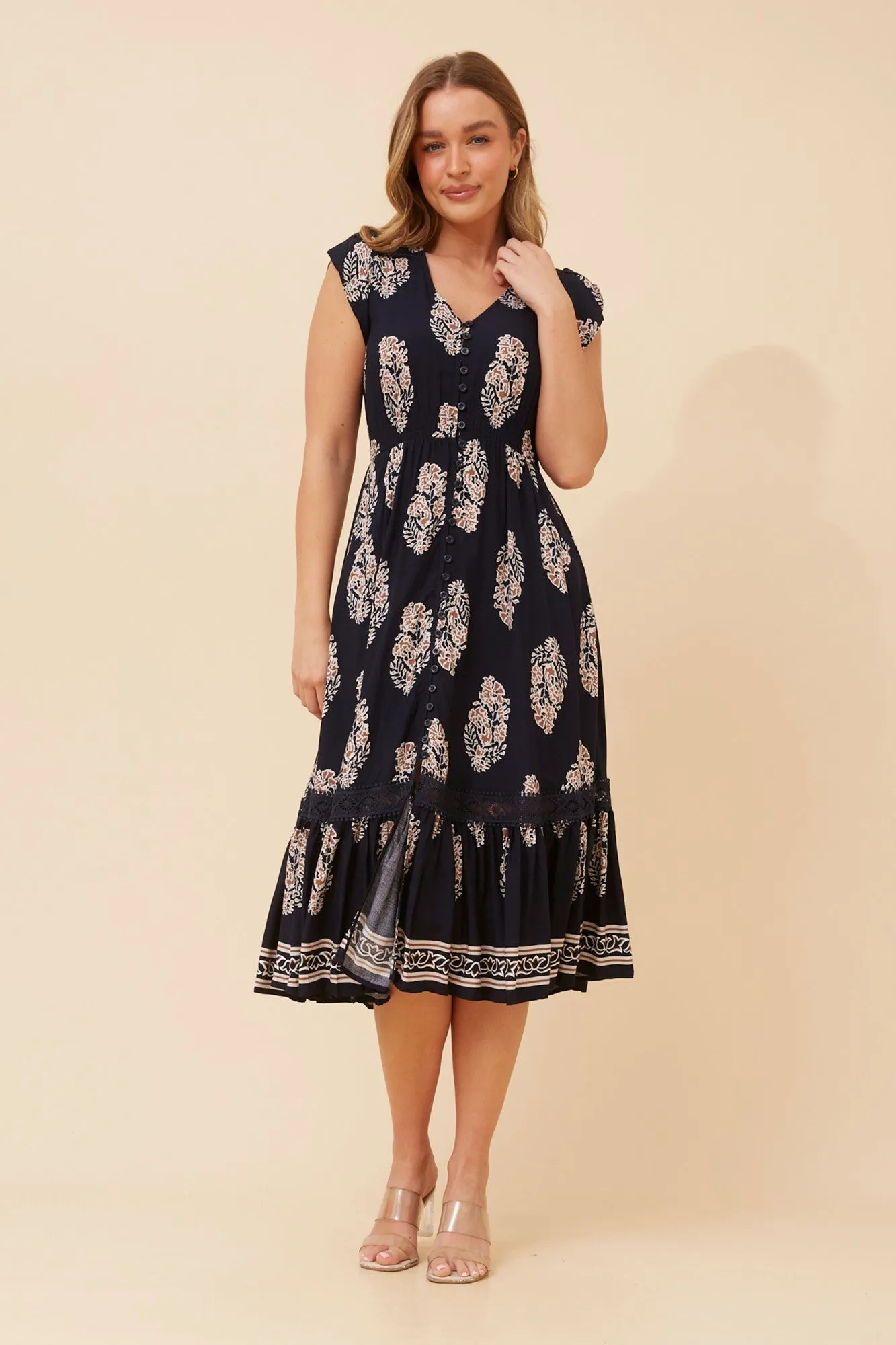 Event Safe MOROCCO BORDER PRINT MIDI DRESS