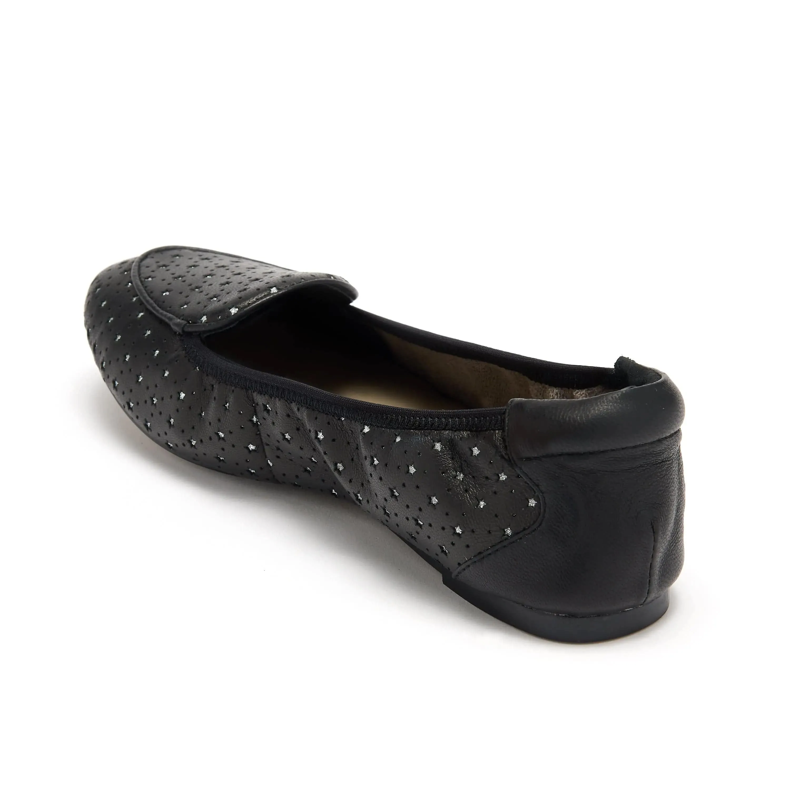Clapham - Black Leather Flats with Silver Stars Kick Step Feet Relief