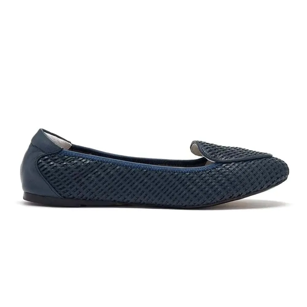 Non Marking Outsole Stacked Heel Clapham - Navy Woven Leather Loafers