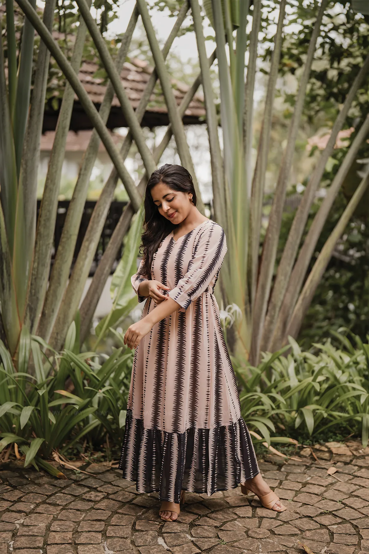 Trendy And Comfortable Fall Beige with Timeless Rhythm Printed Maternity and Feeding Lux Georgette Dress