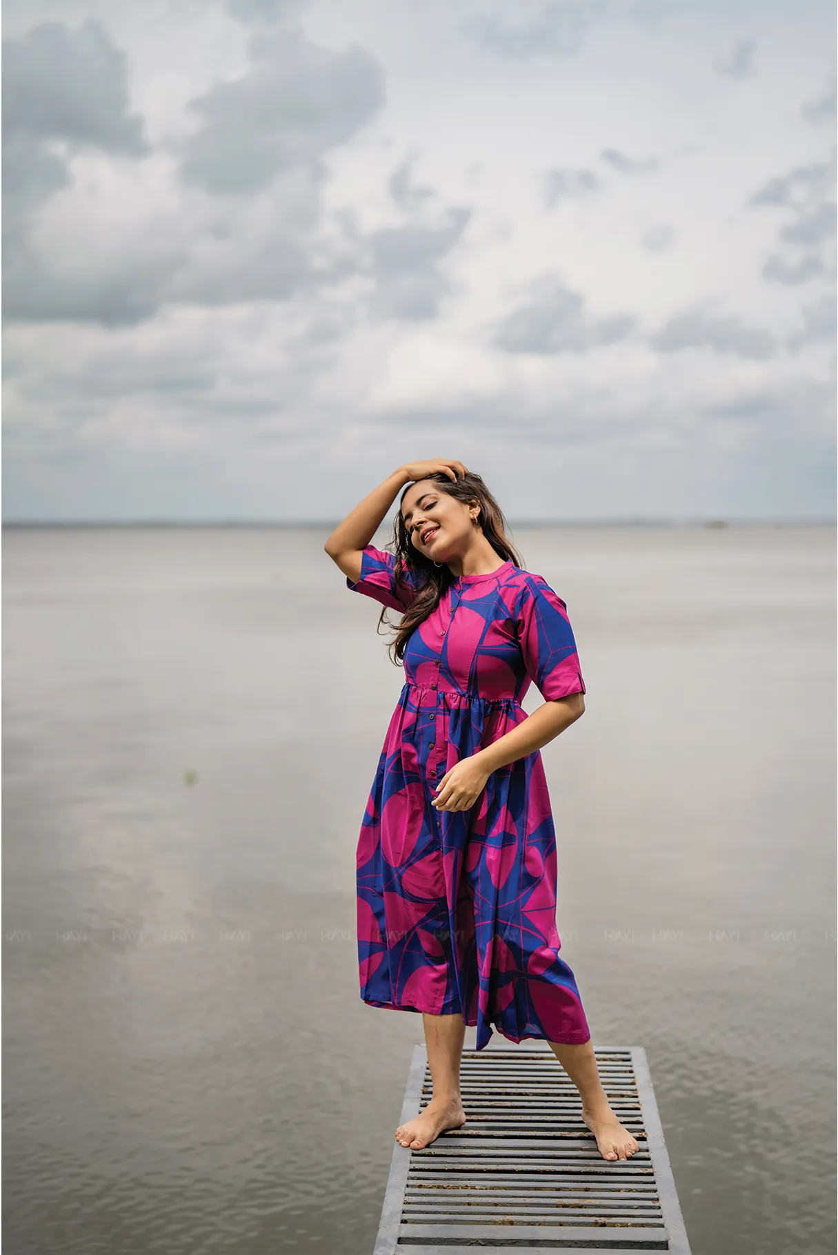 Blazing Blue with Cosmic Petals printed Maternity and Feeding Linen Blend Dress Perfect Cut