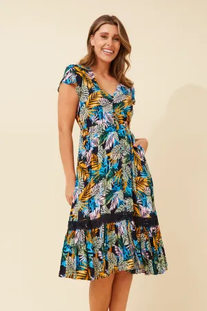 Draped Fabric Back-Zip MOROCCO LEAF PRINT MIDI DRESS