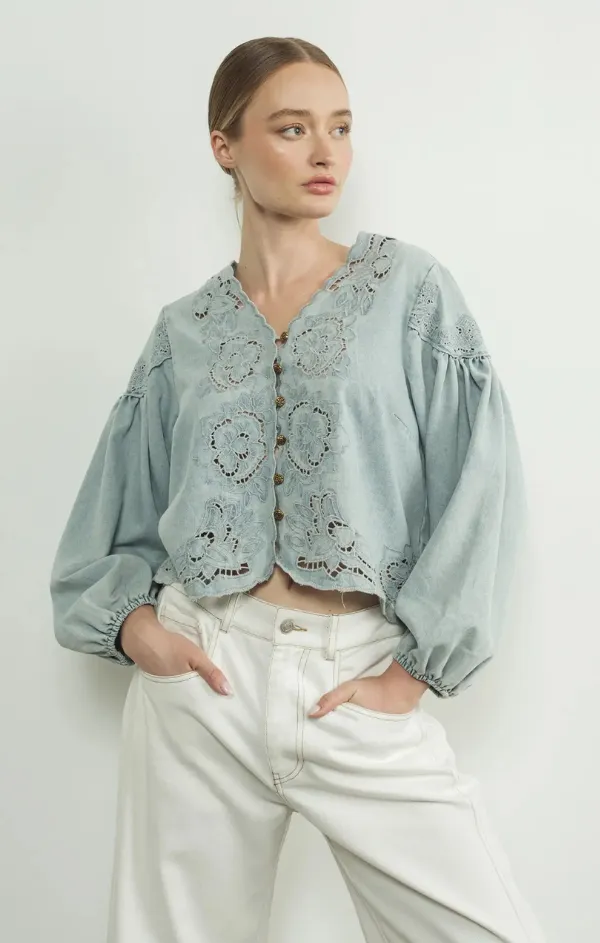 DoubleStitched SlipResistantHem Denim Volume Sleeve Embroidered Blouse