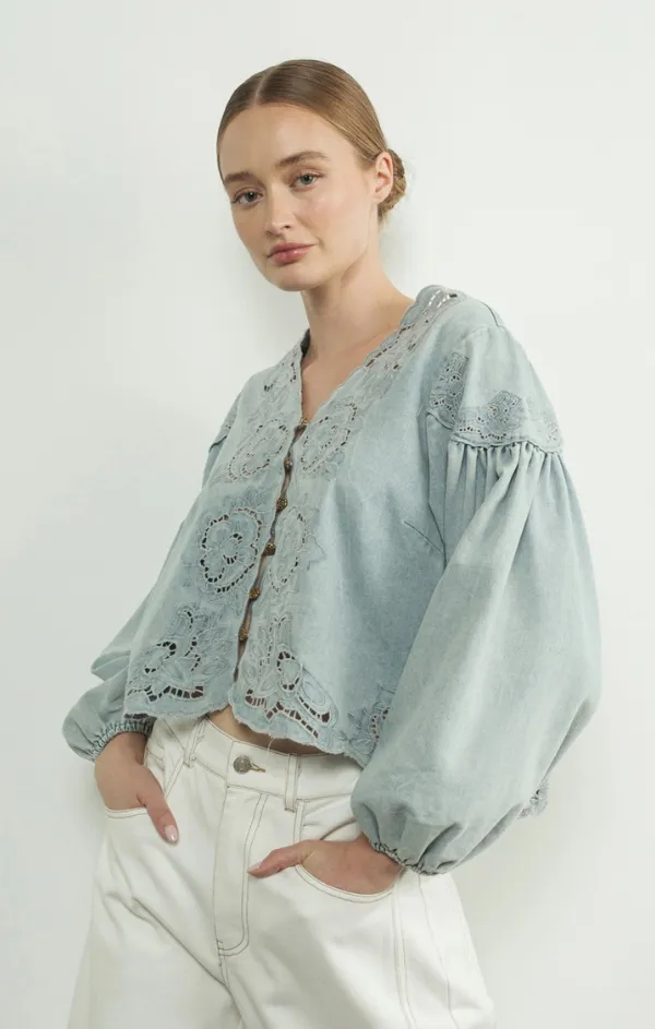 Denim Volume Sleeve Embroidered Blouse CompactFold